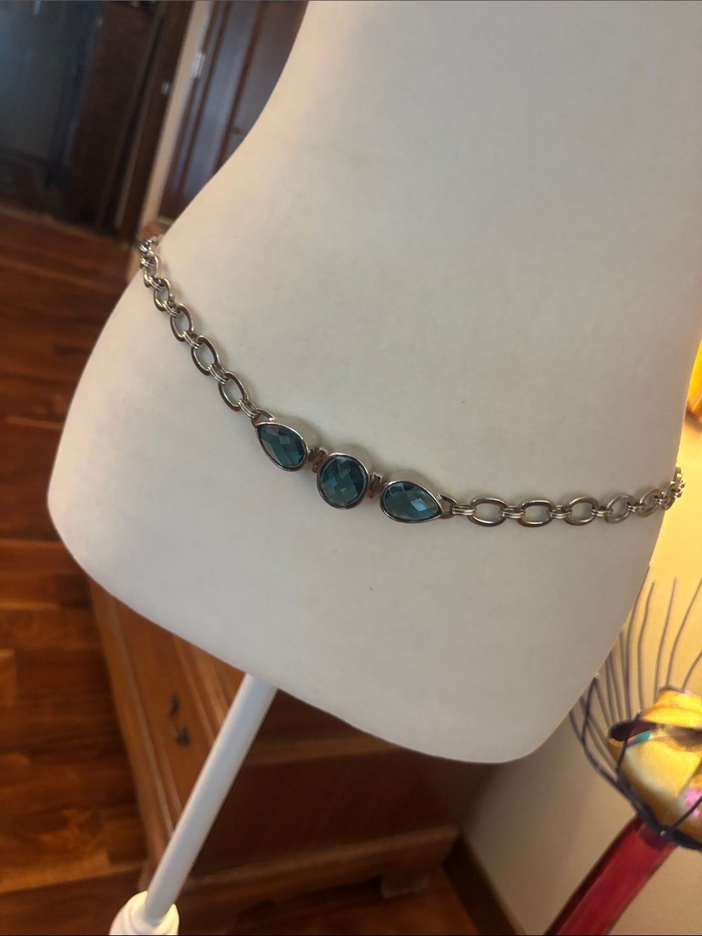 Vintage Anne Klein Silver Chain Belt with Aquamarine Gem Accents